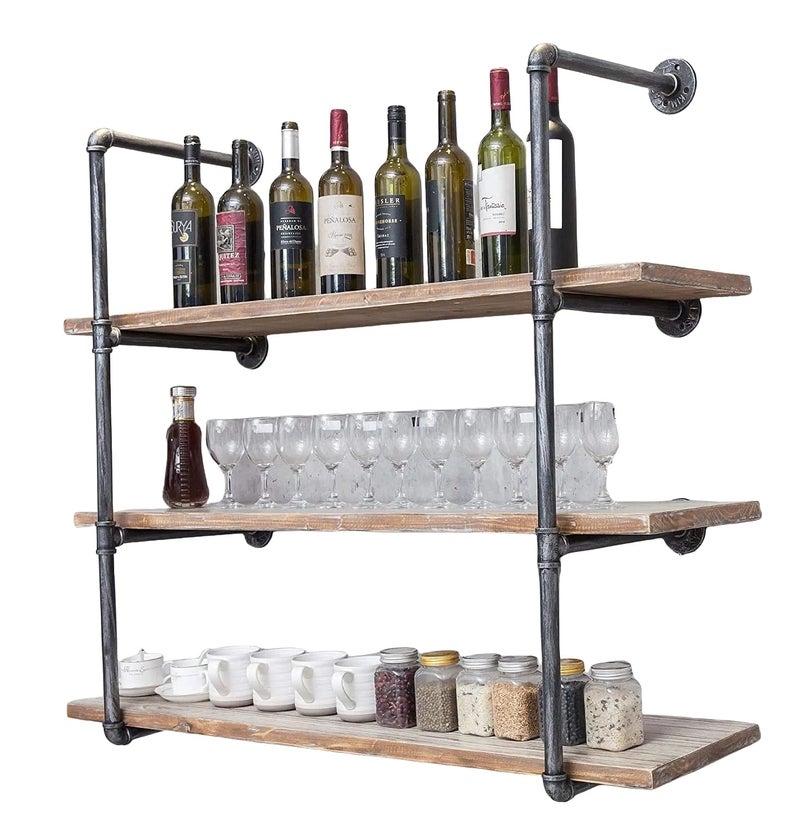BIXIRAO 3 level Wall Mounted Iron Floating Pipe ShelvesRacksStorageBookcases DIY Open BookshelvesShelving for KitchenOffice Retro Black4Tier Shelf BracketsNot Include Planks