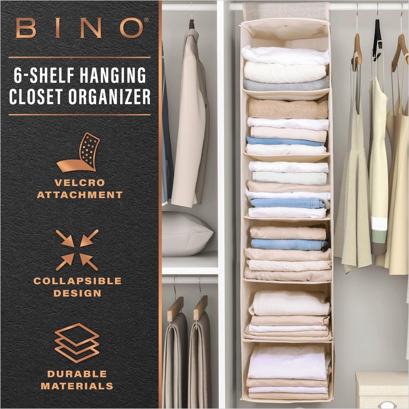 BINO 6-Shelf Sweater Closet Organizer - Beige | Closet Hanging Organizer for Bedroom | Sweater Storage Organizers | Hanging Shelves | Portable Closets for Clothes | Room Essentials - Image 2