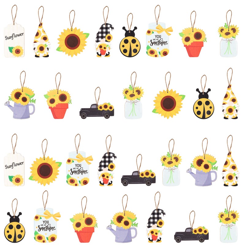 WATINC 31Pcs Sunflower Gnome Hanging Wooden Ornament Set Summer Gnome Element Plaid Pendant Crafts Decor Supplies Wood Tags Embellishments with Rope for Holiday Hawaiian Party Decoration 10 Styles