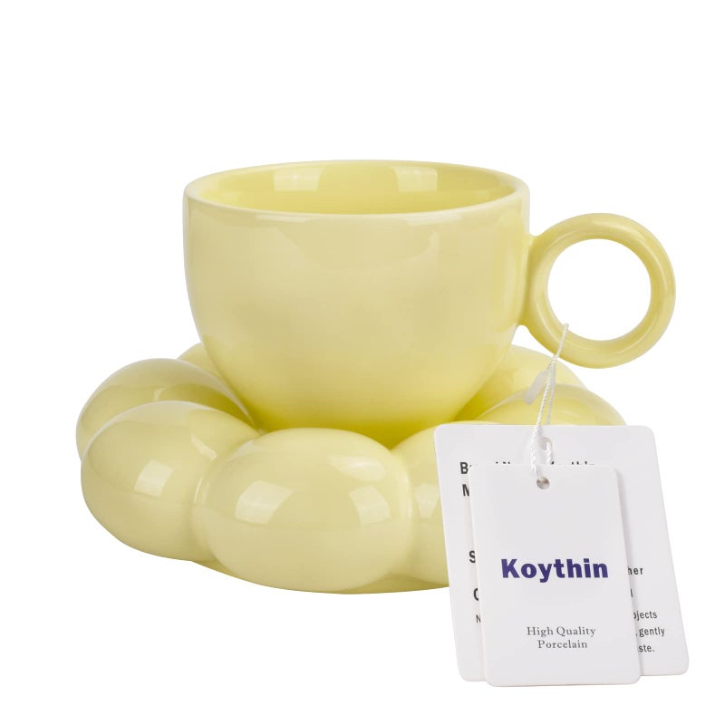 Koythin Ceramic Coffee Mug with Saucer Set Creative Cute Cup with Sunflower Coaster for Office and Home Dishwasher and Microwave Safe 65 oz200 ml for Tea Latte Milk Lemon Yellow