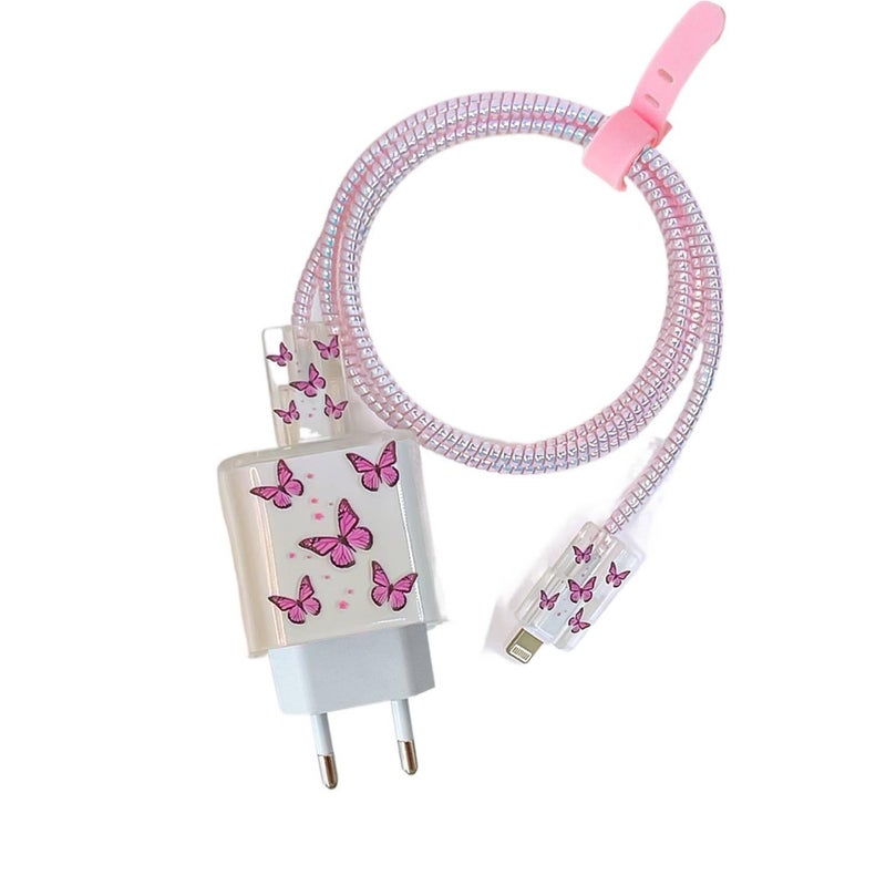 20W Charger Head and Cable End Protector Set with Clear Shell in Pink with Decorative Design Anti Bend Protection and Daily Cable Care - Image 3