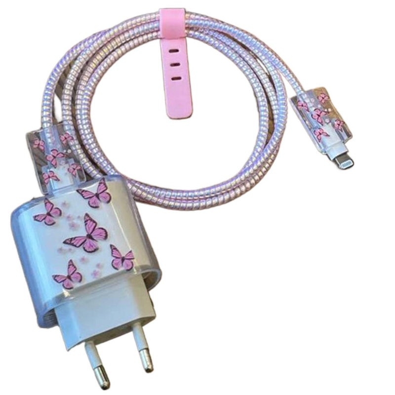 20W Charger Head and Cable End Protector Set with Clear Shell in Pink with Decorative Design Anti Bend Protection and Daily Cable Care - Image 5