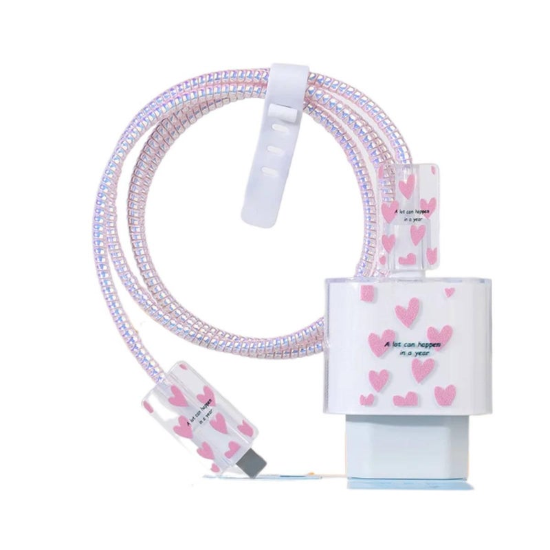 20W Charger Head and Cable End Protector Set with Clear Shell in Pink with Decorative Design Anti Bend Protection and Daily Cable Care - Image 1