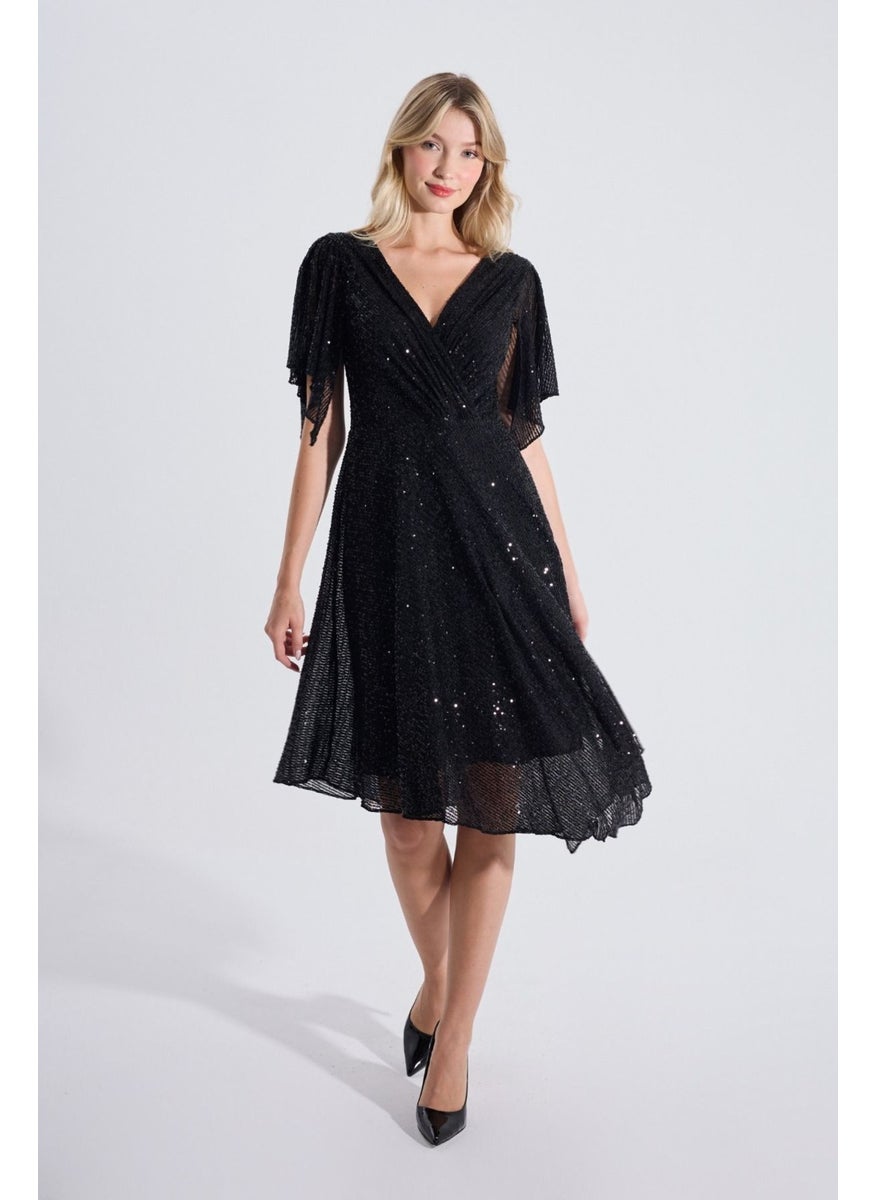 HOX'S Angel | Sequined Midi Flared Evening Dress Double Breasted Neckline Handkerchief Sleeve Asymmetrical Skirt - Black  - Image 1