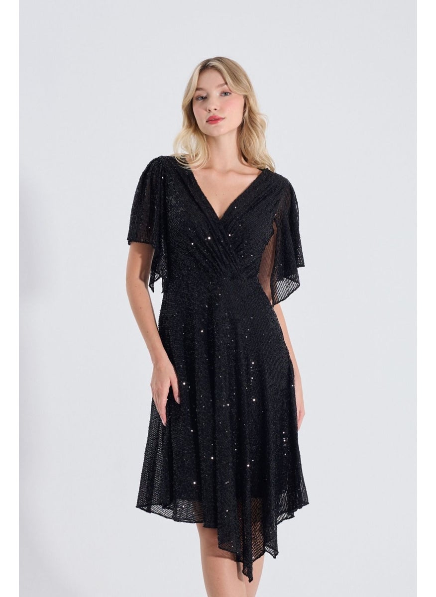 HOX'S Angel | Sequined Midi Flared Evening Dress Double Breasted Neckline Handkerchief Sleeve Asymmetrical Skirt - Black  - Image 4