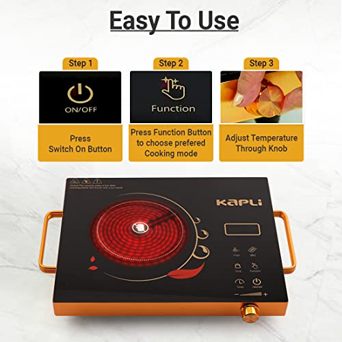 Kapli 2000W Infrared Cooktop Touch Panel | Energy Efficient, Safety Auto-Off & Overheat Protection | Compatible With All Utensils + Free Ss Bbq Grill, Black, Radiant - Image 3