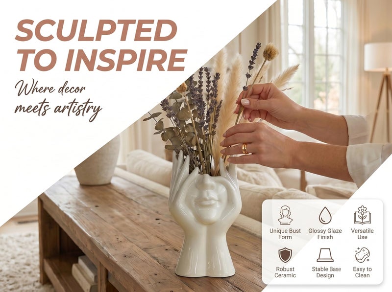 Romehaha Face Flower Vase,White Ceramic Body Vase, Decorative Vase Dining Table Centerpiece,Modern Small Vase for Coffee Table Bathroom Shelf Living Room Decor 3.54'' W X 7.3'' H - Image 2