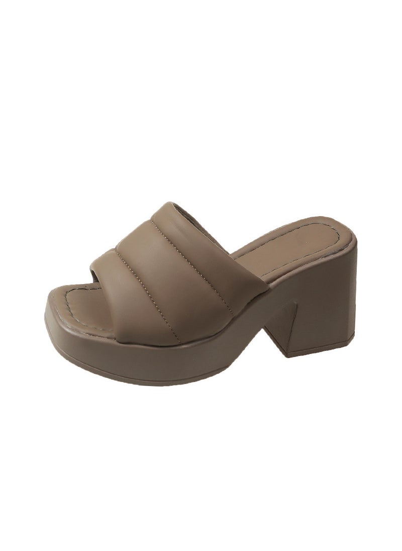 Generic - Plus Size Womens Slippers Summer New Style One-Row Square Head Thick Heel High Top Lightweight Casual Shoes From China Khaki - Image 1