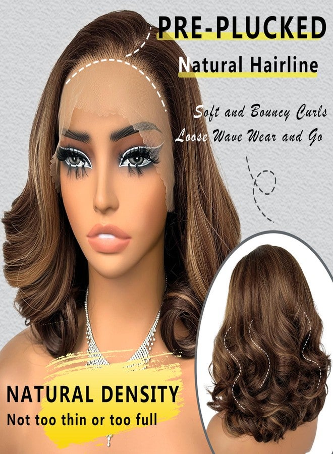 SOKU 13x6 Lace Front Wavy Wig, Short Bouncy Synthetic Wigs for Black Women 12 Inch Highlight Brown Pre Plucked Egg Curls Glueless Wigs 6x13 HD Lace Frontal 180% Density - Image 2