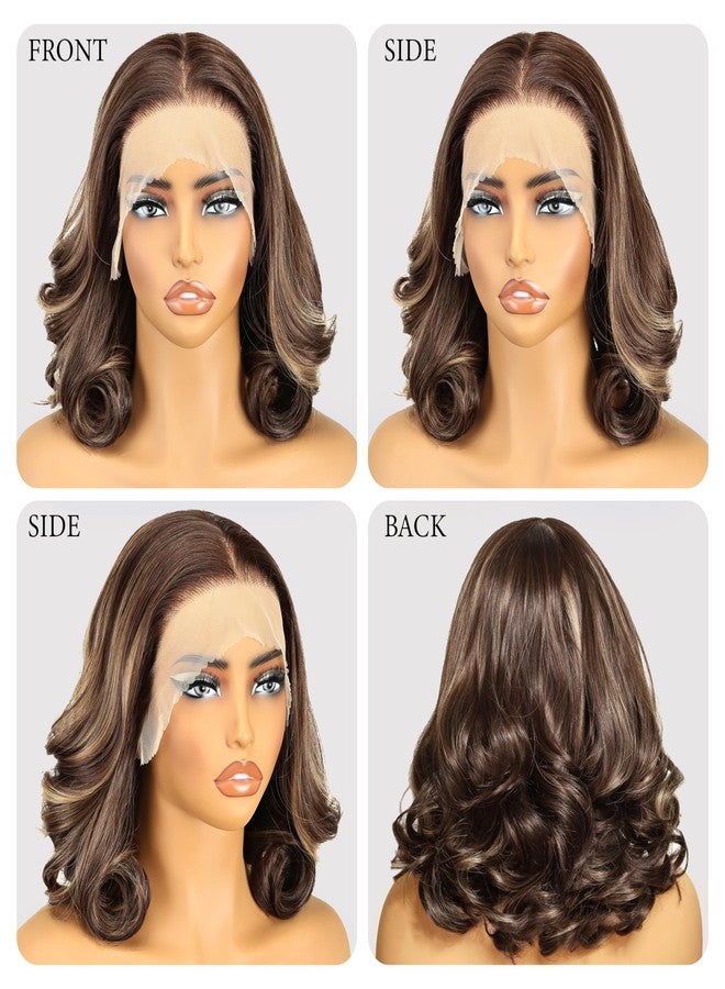 SOKU 13x6 Lace Front Wavy Wig, Short Bouncy Synthetic Wigs for Black Women 12 Inch Highlight Brown Pre Plucked Egg Curls Glueless Wigs 6x13 HD Lace Frontal 180% Density - Image 5