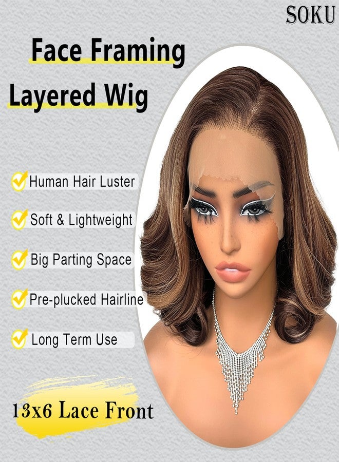 SOKU 13x6 Lace Front Wavy Wig, Short Bouncy Synthetic Wigs for Black Women 12 Inch Highlight Brown Pre Plucked Egg Curls Glueless Wigs 6x13 HD Lace Frontal 180% Density - Image 4
