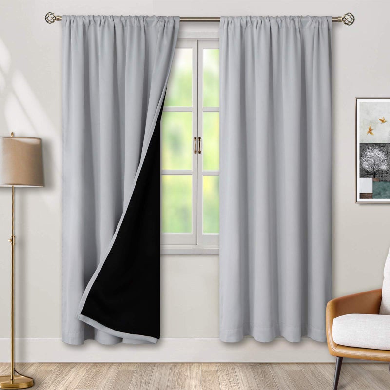 BGment Thermal Insulated 100 Blackout Curtains for Bedroom with Black Liner Double Layer Full Room Darkening Noise Reducing Rod Pocket Curtain 52 x 72 Inch Light Grey 2 Panels