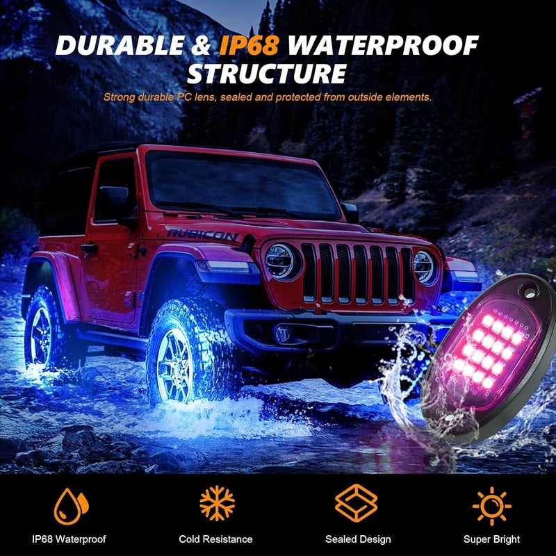 TDE Explorer.Lighting 4 Pods RGB LED Rock Lights for Trucks Jeep ATV UTV Golf Cart Offroad SUV, Christmas Decor Exterior Waterproof Neon Car Underglow Lights with App/RF Control Music Mode Brake Warn Dual Zone Control - Image 2