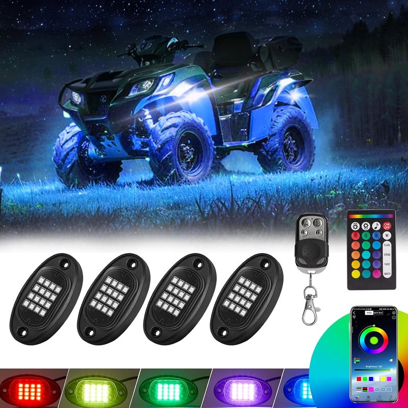 TDE Explorer.Lighting 4 Pods RGB LED Rock Lights for Trucks Jeep ATV UTV Golf Cart Offroad SUV, Christmas Decor Exterior Waterproof Neon Car Underglow Lights with App/RF Control Music Mode Brake Warn Dual Zone Control - Image 1