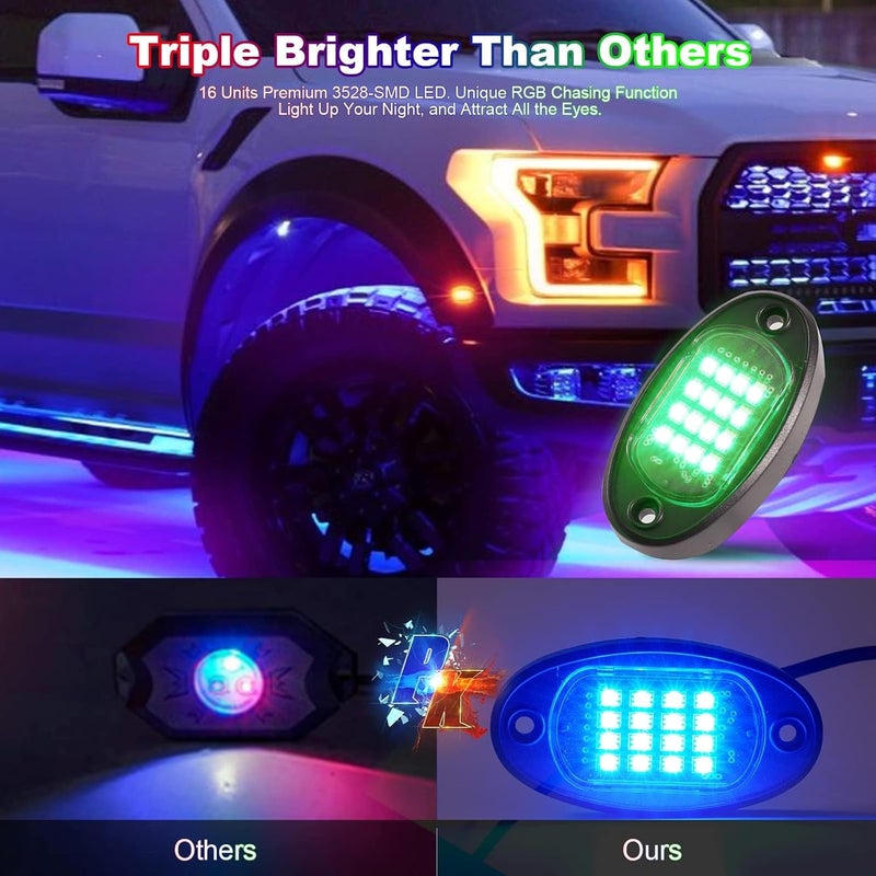 TDE Explorer.Lighting 4 Pods RGB LED Rock Lights for Trucks Jeep ATV UTV Golf Cart Offroad SUV, Christmas Decor Exterior Waterproof Neon Car Underglow Lights with App/RF Control Music Mode Brake Warn Dual Zone Control - Image 3