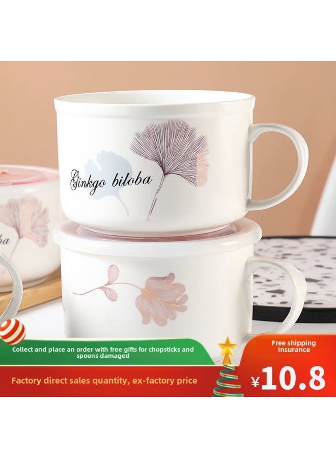 Ceramic Instant Noodle Bowl Rice Bowl Bowl With Lid And Handle Fresh-keeping Bowl Instant Noodle Bowl Bento Box Soup Bowl For Work Microwave-Specifications:Medium Rich Peony  - Image 5