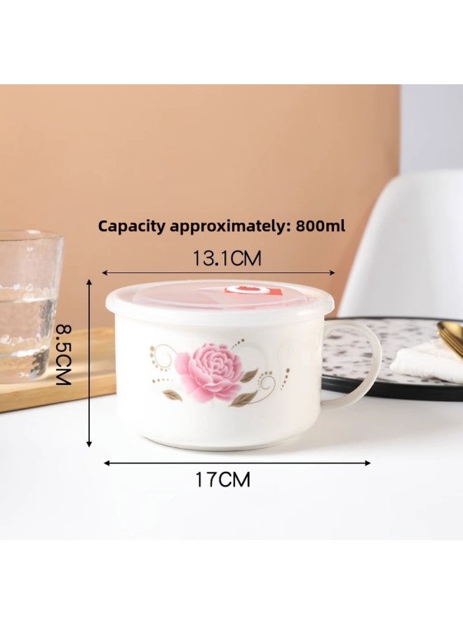 Ceramic Instant Noodle Bowl Rice Bowl Bowl With Lid And Handle Fresh-keeping Bowl Instant Noodle Bowl Bento Box Soup Bowl For Work Microwave-Specifications:Medium Rich Peony  - Image 1