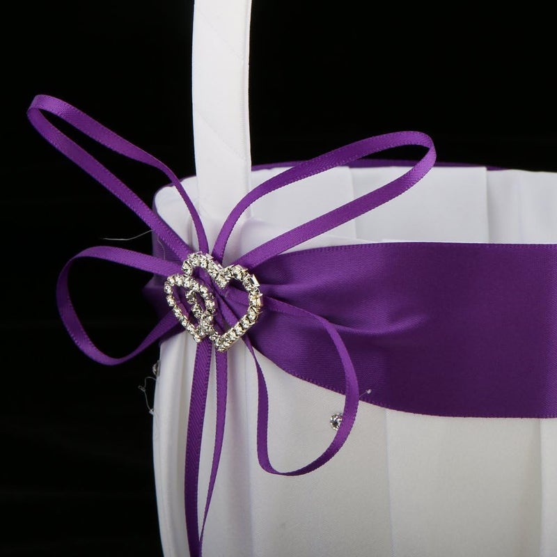 Yuudar 2PCS Wedding Flower Girl Baskets,White Satin Flower Storage Basket with Double Heart Rhinestone Craft for Engagement Ceremony Party Decor (Lavender) - Image 3