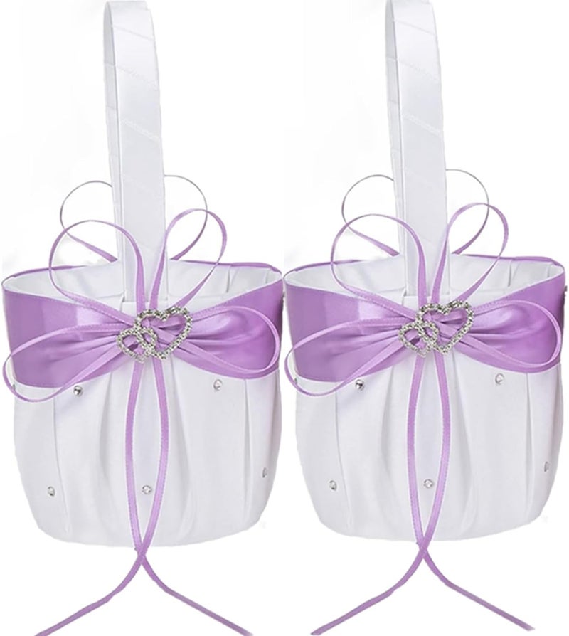 Yuudar 2PCS Wedding Flower Girl Baskets,White Satin Flower Storage Basket with Double Heart Rhinestone Craft for Engagement Ceremony Party Decor (Lavender) - Image 1