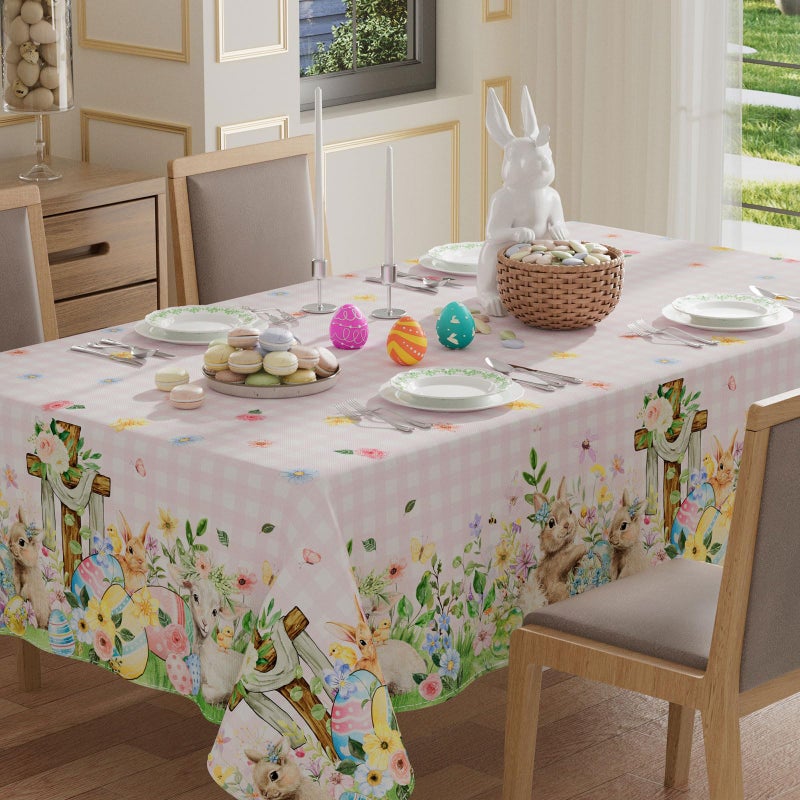 XCHI Plaid Bunny Lamb Eggs Chick Cross Flowers Rabbit Easter Tablecloth Rectangle Table Cloth Washable Table Covers for Indoor Dining Home Party Decorations 60x84 Inch - Image 1