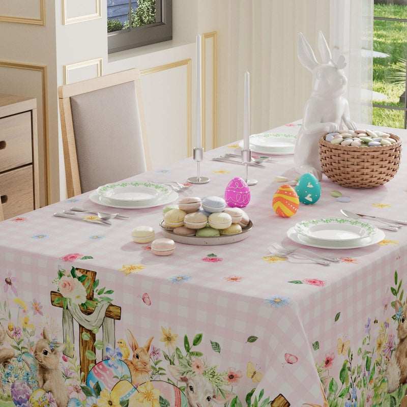XCHI Plaid Bunny Lamb Eggs Chick Cross Flowers Rabbit Easter Tablecloth Rectangle Table Cloth Washable Table Covers for Indoor Dining Home Party Decorations 60x84 Inch - Image 3