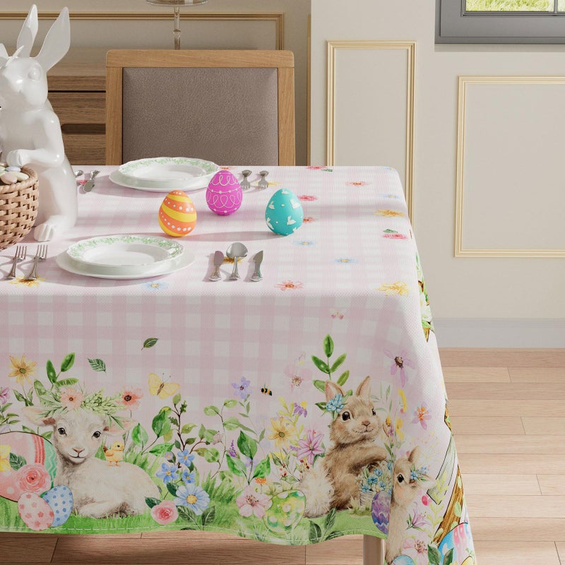 XCHI Plaid Bunny Lamb Eggs Chick Cross Flowers Rabbit Easter Tablecloth Rectangle Table Cloth Washable Table Covers for Indoor Dining Home Party Decorations 60x84 Inch - Image 2