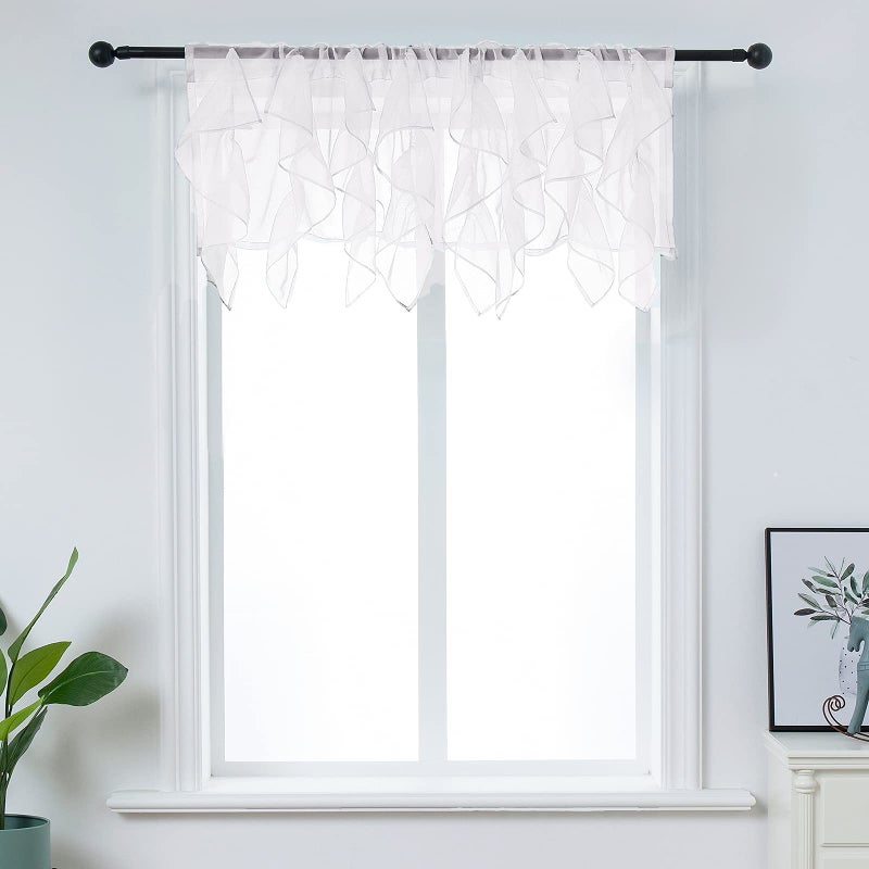 PearAge Ruffled Voile Semi Sheer Curtain Valance Kitchen Living Room Shabby Chic Ruffle Valance Curtains Girls Daughters Bedroom Cascade Window Valance Ivory 50x16 Inches