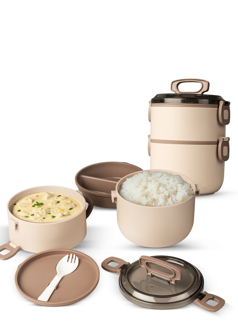 BAYBEE 2000ml Stainless Steel Insulated Lunchbox – Double-Wall Thermos Bento Box with Reusable Spoon, Microwave-Safe – for Adults & Kids (Beige) - Image 1