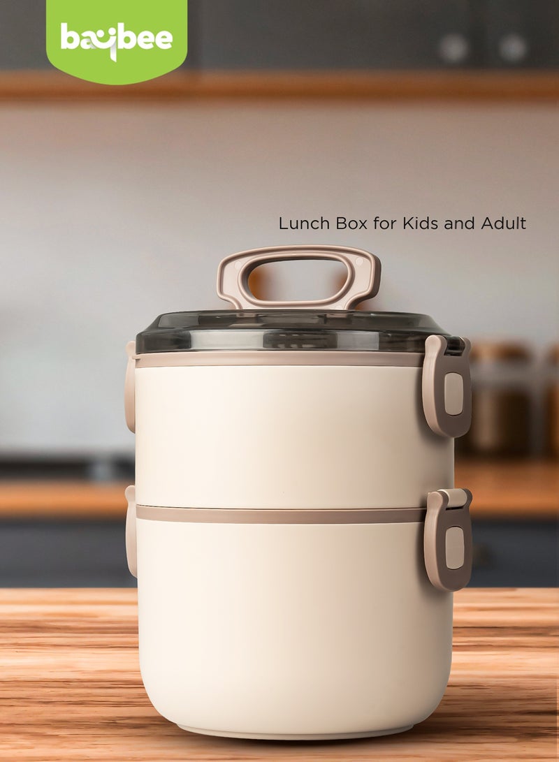 BAYBEE 2000ml Stainless Steel Insulated Lunchbox – Double-Wall Thermos Bento Box with Reusable Spoon, Microwave-Safe – for Adults & Kids (Beige) - Image 2