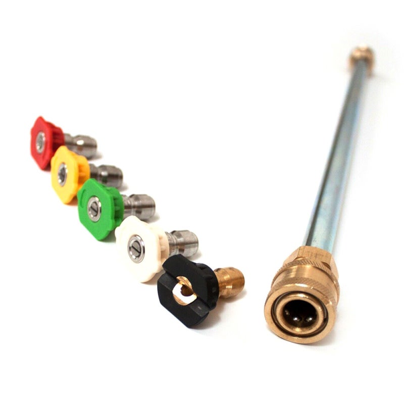 قضيب غسيل ضغط معدني: 1 مجموعة مع موصلات سريعة عالمية 1/4" وخيط ذكر M22 ×14 مم - 5 نهايات فوهات ضغط عالي (4000 باوند بوصة مربعة 2.9 جالون في الدقيقة) للسيارات الكبيرة ومعدات المزارع وممرات المرور - Image 2