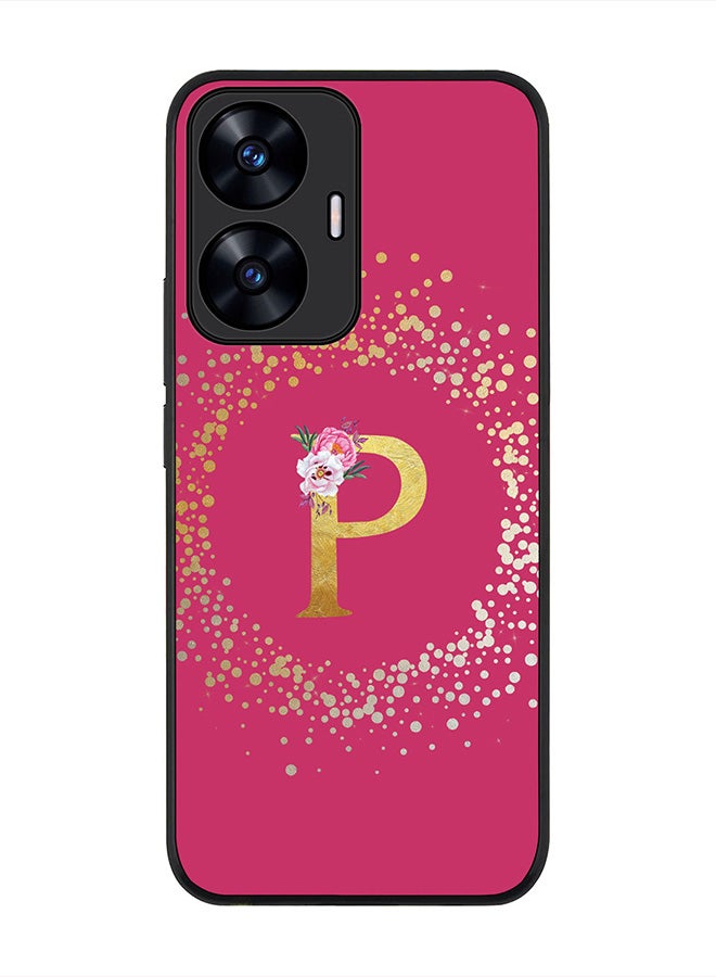 Stylizedd Cover for Realme C55 4G Case , Rugged Black Slim fit Thin Protective Phone Cases - Custom Monogram Initial Letter Floral Pattern Alphabet -P (Dark Pink Rose) - Image 1