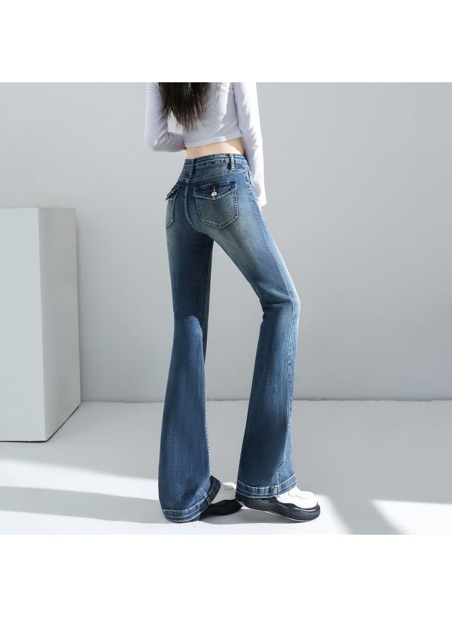 هابي بنطلونات جينز واسعة بأسلوب رجعي باللون الأزرق للنساء، بنطلونات خريفية جديدة عالية الخصر ضيقة ومطاطية واسعة من الأسفل (بنطلونات حوافر الحصان) - Image 1