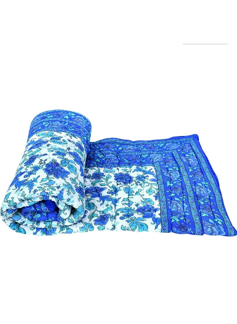 THROW KING THROW KING Rajasthani Hand Made Organic Cotton Floral Garden Desing Printed Single Bed Jaipuri RazaiRajaiQuiltBlanketDoharBlue Blue Single Bed  - Image 2