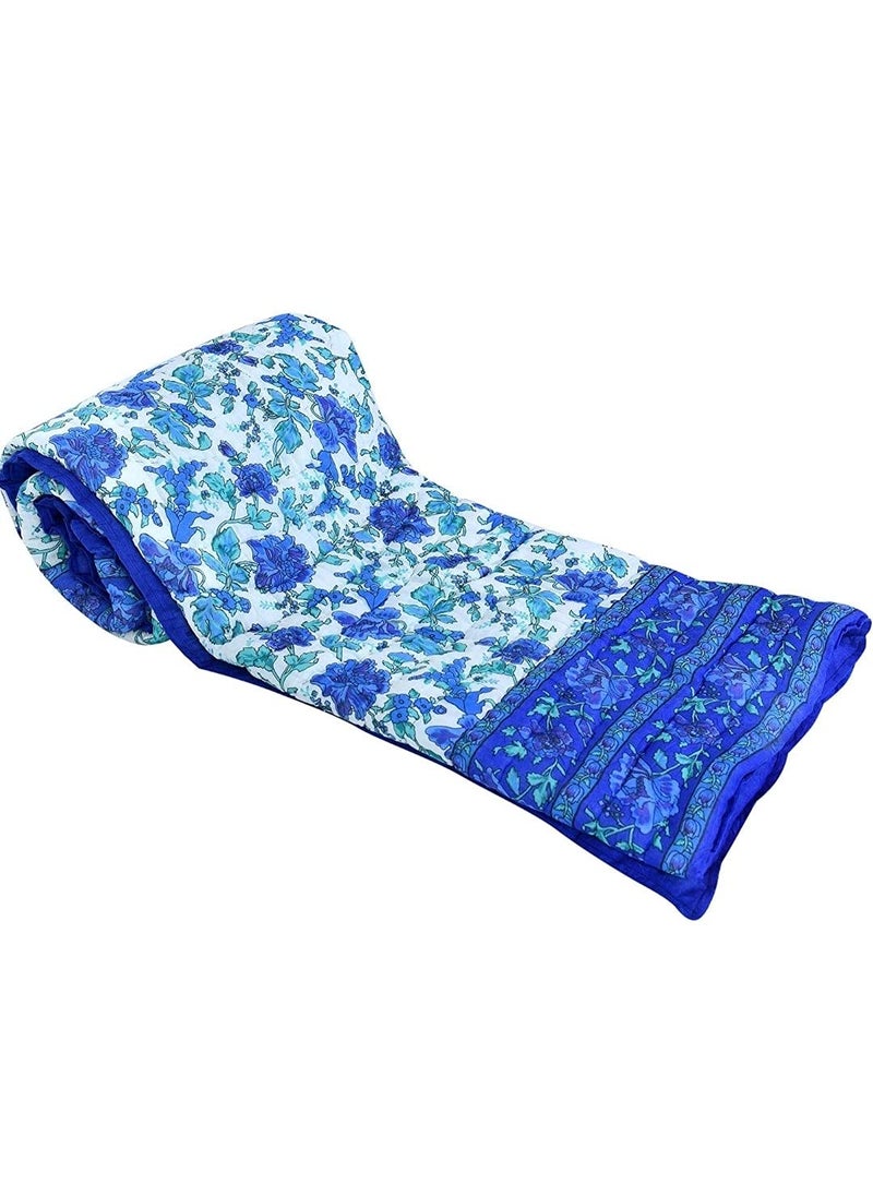 THROW KING THROW KING Rajasthani Hand Made Organic Cotton Floral Garden Desing Printed Single Bed Jaipuri RazaiRajaiQuiltBlanketDoharBlue Blue Single Bed  - Image 1