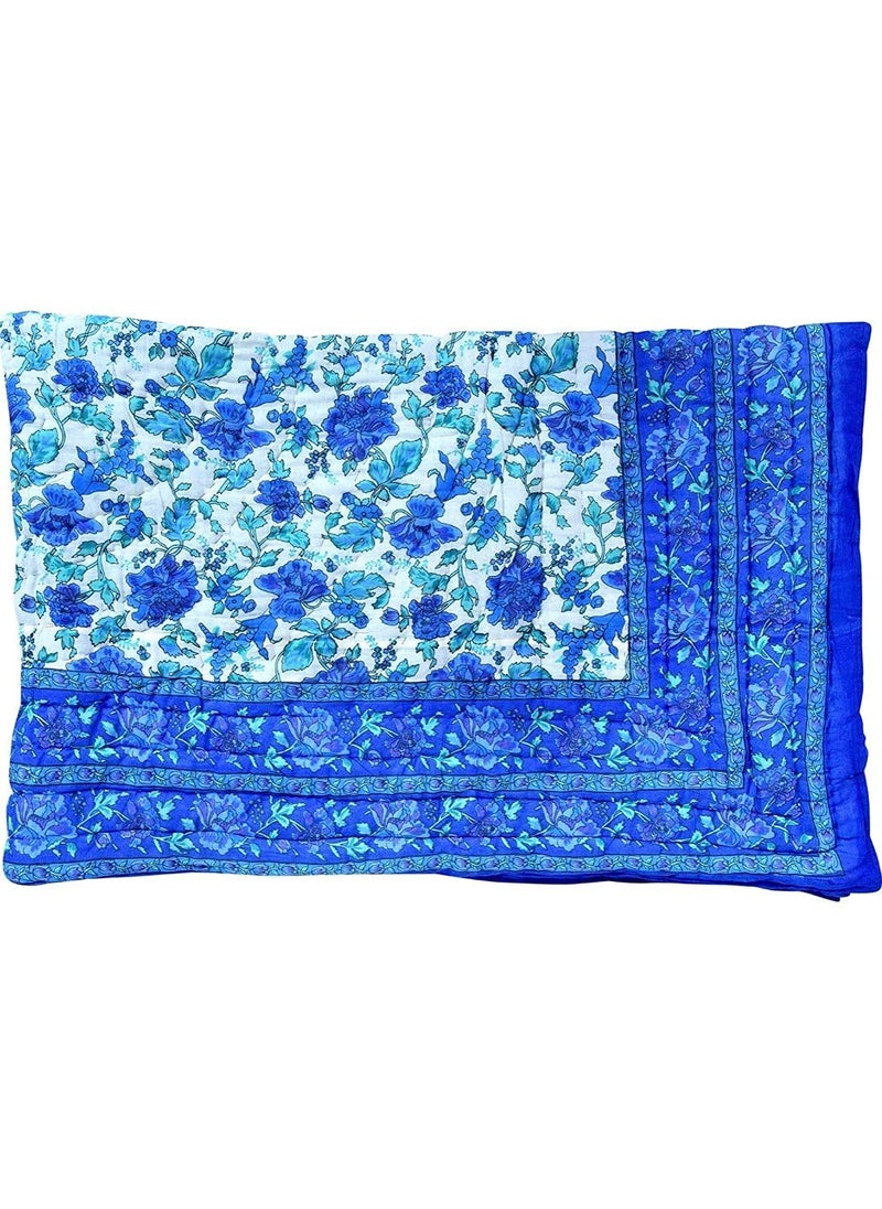 THROW KING THROW KING Rajasthani Hand Made Organic Cotton Floral Garden Desing Printed Single Bed Jaipuri RazaiRajaiQuiltBlanketDoharBlue Blue Single Bed  - Image 3