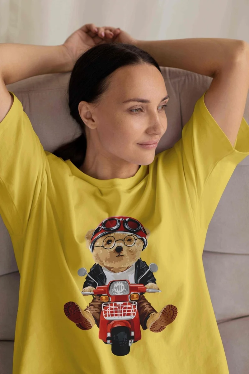 DogFish Teddy Jersey T-Shirt - Yellow Printed Oversize Crew Neck Short Sleeve T-Shirt
