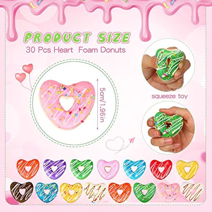Jerify 30 Pcs Valentines Rainbow Donut Stress Balls Stress Relief Donuts Party Favors Heart Foam Donut Toys Sensory Fake Donuts for Boys Girls Adults Party Favors Valentine's Day Gifts - Image 2