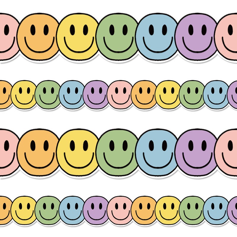 Whaline 328Ft Boho Happy Face Bulletin Board Border Pastel Color Smile Face Die Cut Trim Border Roll for Classroom Chalkboard School