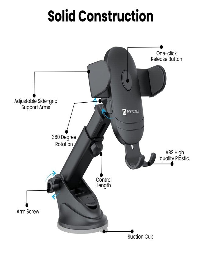 Portronics Clamp M2 Adjustable Car Mobile Phone Holder Stand for Dashboard & Windshield, 360° Rotational, Strong Suction Cup, Compatible with 4 to 6 inch Devices(Black) - Image 5