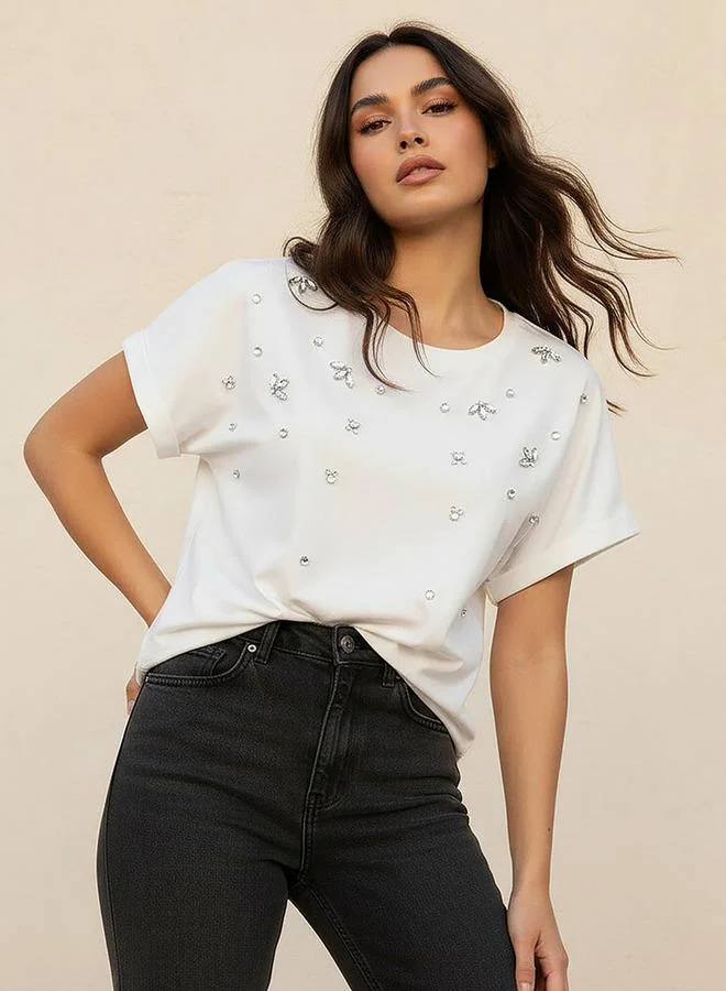 Splash FAV Regular Fit Cotton T shirt with Embellished Detail