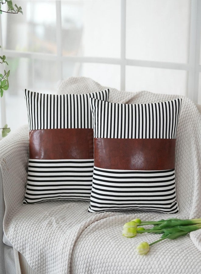 ARBINSON Stripe Patchwork Linen Throw Pillow Covers 18x18 Set of 2, Farmhouse Decor Outdoor Modern Faux Leather Accent Pillowcase for Sofa Couch Bedroom Living Room Car (Black, 18" x 18") - Image 1