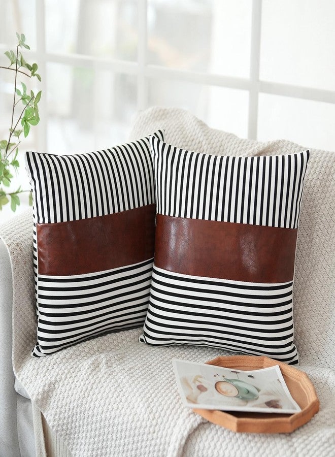 ARBINSON Stripe Patchwork Linen Throw Pillow Covers 18x18 Set of 2, Farmhouse Decor Outdoor Modern Faux Leather Accent Pillowcase for Sofa Couch Bedroom Living Room Car (Black, 18" x 18") - Image 3