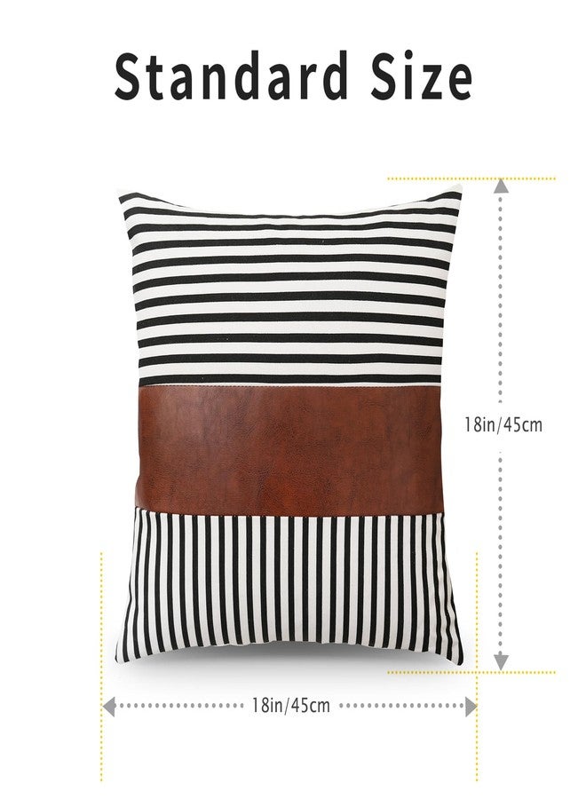 ARBINSON Stripe Patchwork Linen Throw Pillow Covers 18x18 Set of 2, Farmhouse Decor Outdoor Modern Faux Leather Accent Pillowcase for Sofa Couch Bedroom Living Room Car (Black, 18" x 18") - Image 2