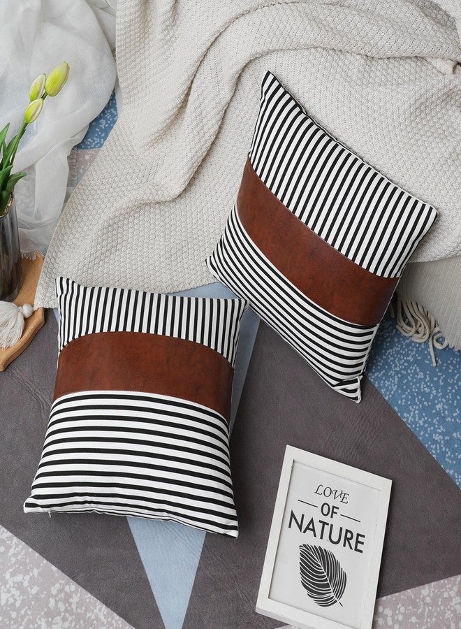 ARBINSON Stripe Patchwork Linen Throw Pillow Covers 18x18 Set of 2, Farmhouse Decor Outdoor Modern Faux Leather Accent Pillowcase for Sofa Couch Bedroom Living Room Car (Black, 18" x 18") - Image 5
