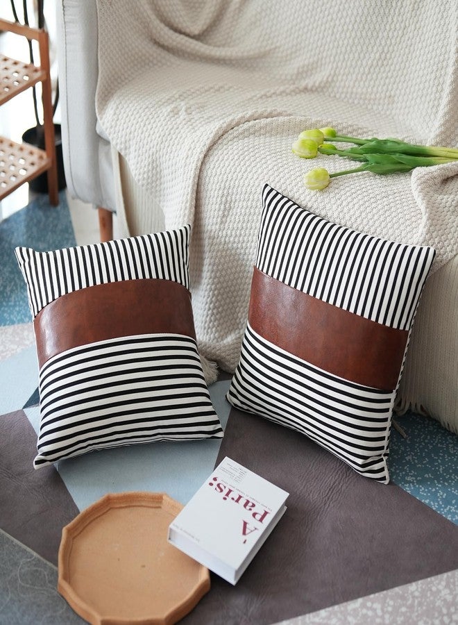 ARBINSON Stripe Patchwork Linen Throw Pillow Covers 18x18 Set of 2, Farmhouse Decor Outdoor Modern Faux Leather Accent Pillowcase for Sofa Couch Bedroom Living Room Car (Black, 18" x 18") - Image 4