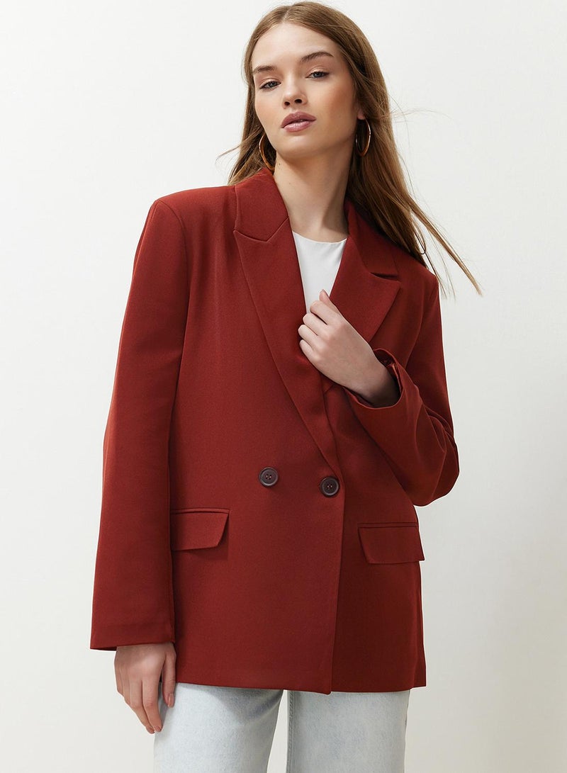 trendyol Burgundy Tile Oversize Straight Cut Basic Double-Breasted Woven Blazer Jacket Twoss24Bc00028 - Image 3