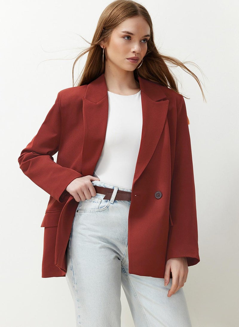 trendyol Burgundy Tile Oversize Straight Cut Basic Double-Breasted Woven Blazer Jacket Twoss24Bc00028 - Image 1