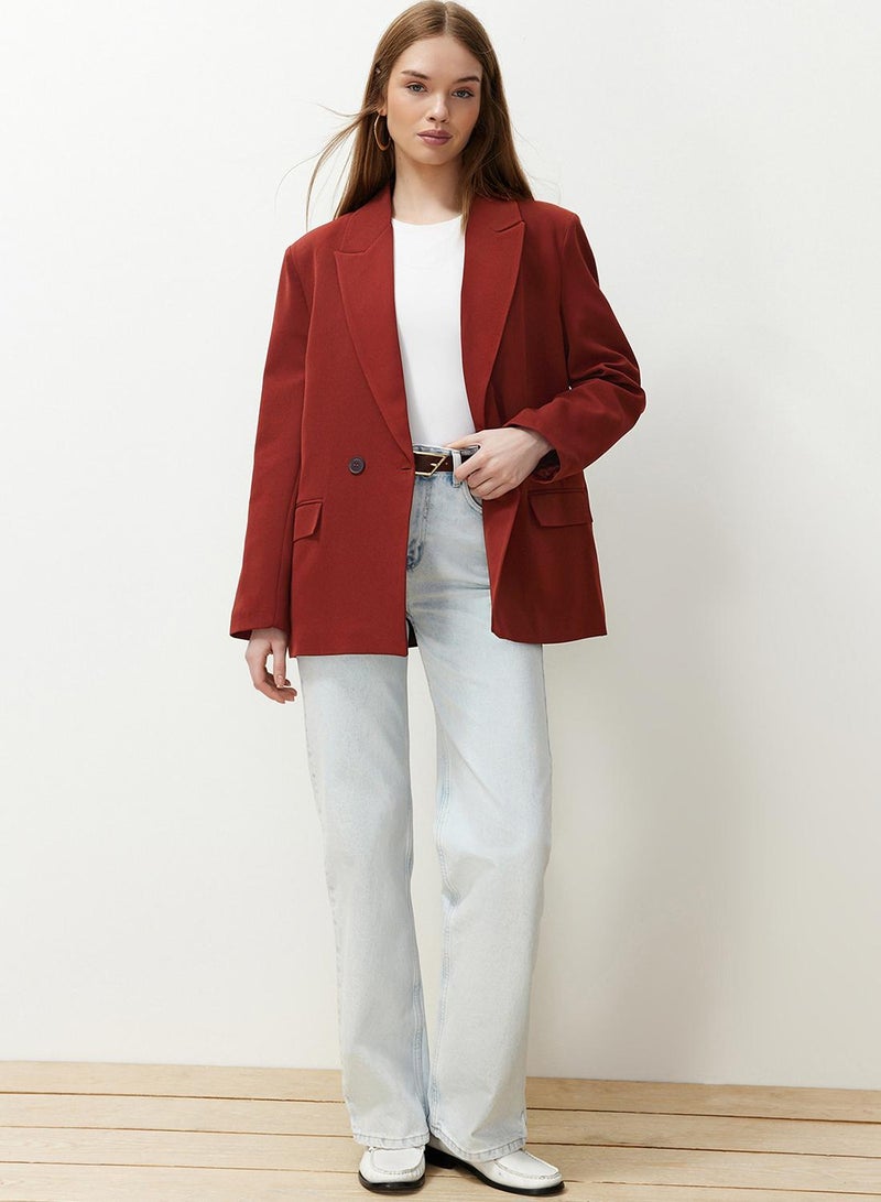 trendyol Burgundy Tile Oversize Straight Cut Basic Double-Breasted Woven Blazer Jacket Twoss24Bc00028 - Image 2