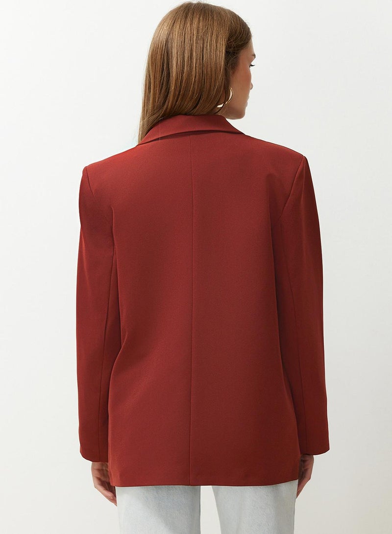 trendyol Burgundy Tile Oversize Straight Cut Basic Double-Breasted Woven Blazer Jacket Twoss24Bc00028 - Image 4