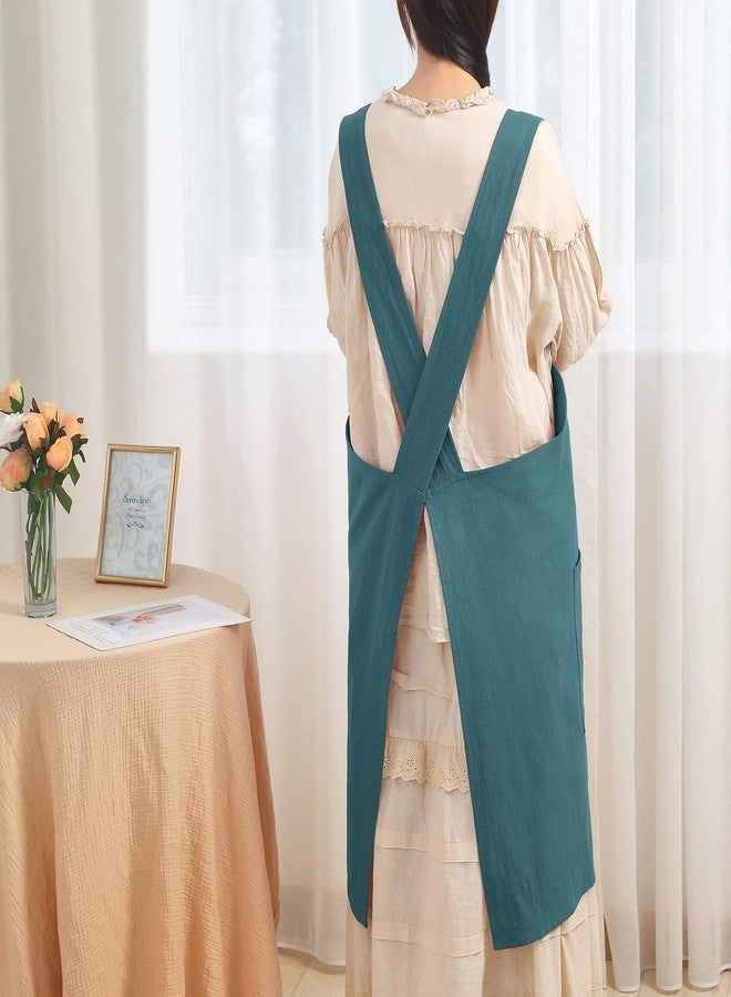 Tobyan Soft Cotton Linen Apron for Women - Non-tie Cross Back Apron with Pockets, Great for Florist and Kitchen (Olive) - Image 2